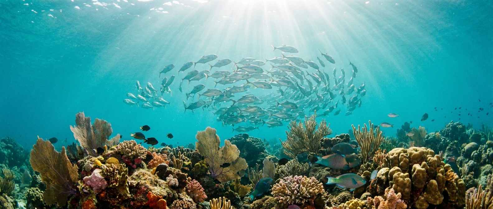 Cabo Pulmo reef with schooling fish