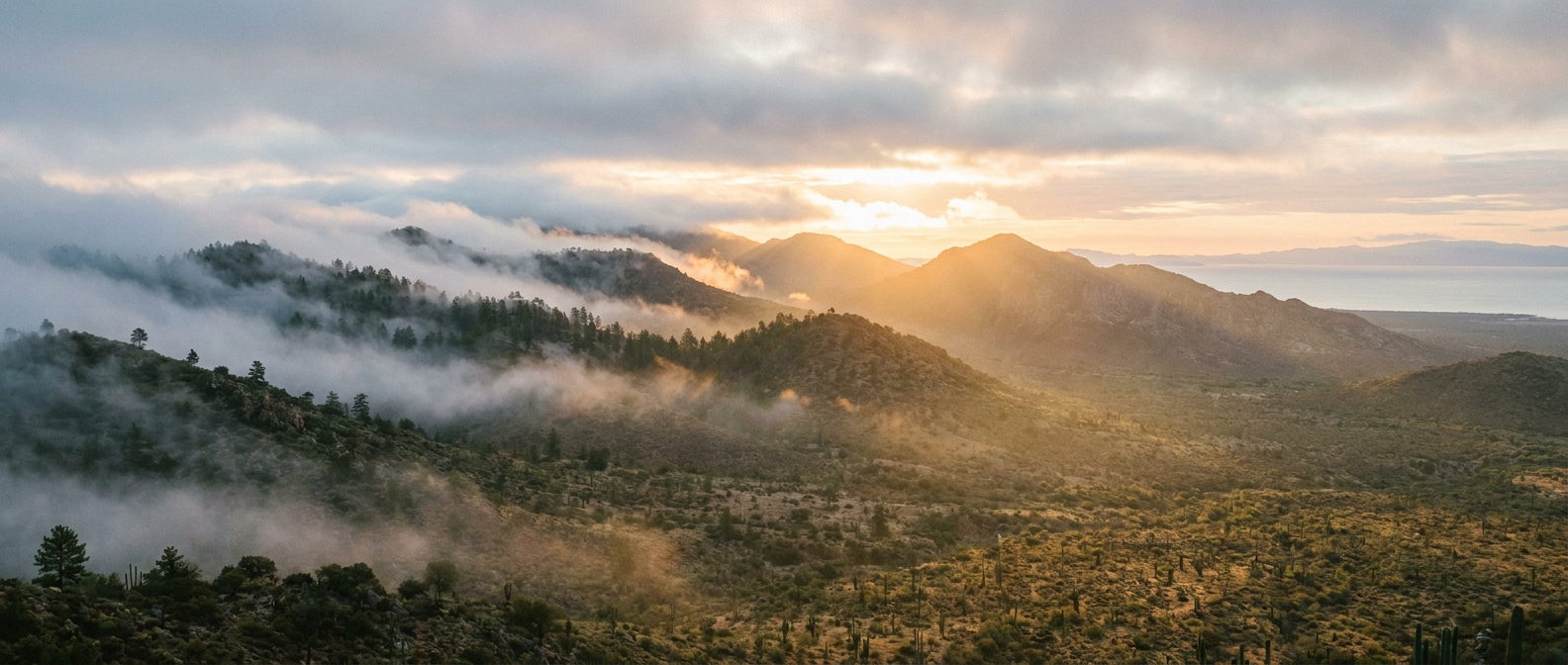 Sierra de la Laguna at dawn with cloud forest above desert
